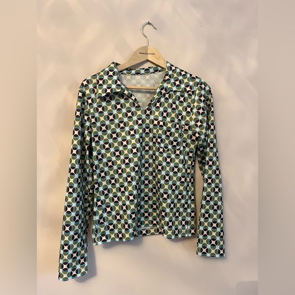 Vintage 70s collared long sleeve top - retro print - Picture 2 of 11